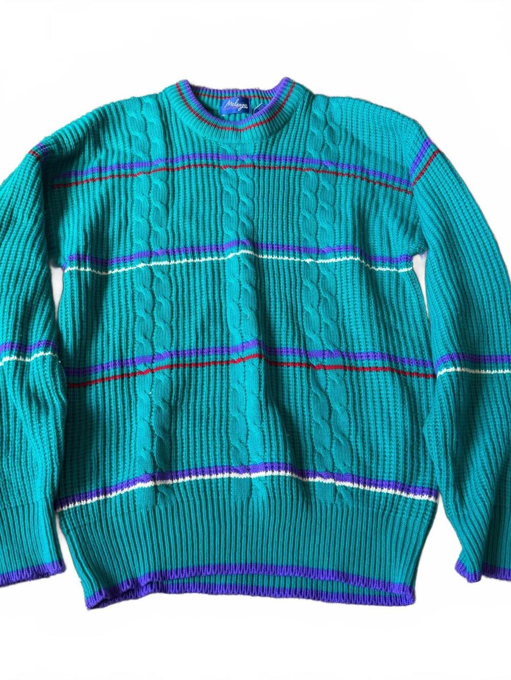 Vintage Melange Teal Cable Knit Striped Sweater Size Small
